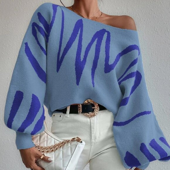Sweaters - Modern Blue Abstract One Shoulder Pullover Sweater